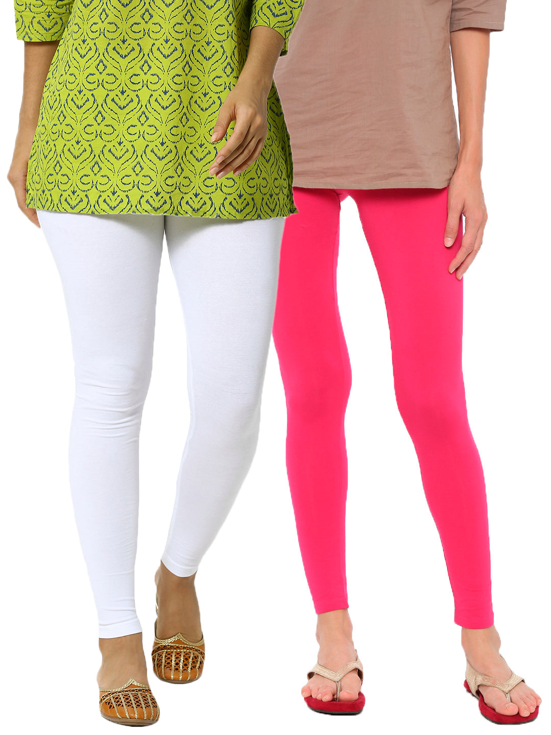 De Moza Superior Ankle Length Leggings Combo Pack of 2 White&Fuchsia - De Moza