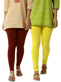 De Moza Superior Ankle Length Leggings Combo Pack of 2 Maroon&Lemon Yellow - De Moza