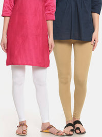 De Moza Superior Ankle Length Leggings Combo Pack of 2 White&Skin - De Moza