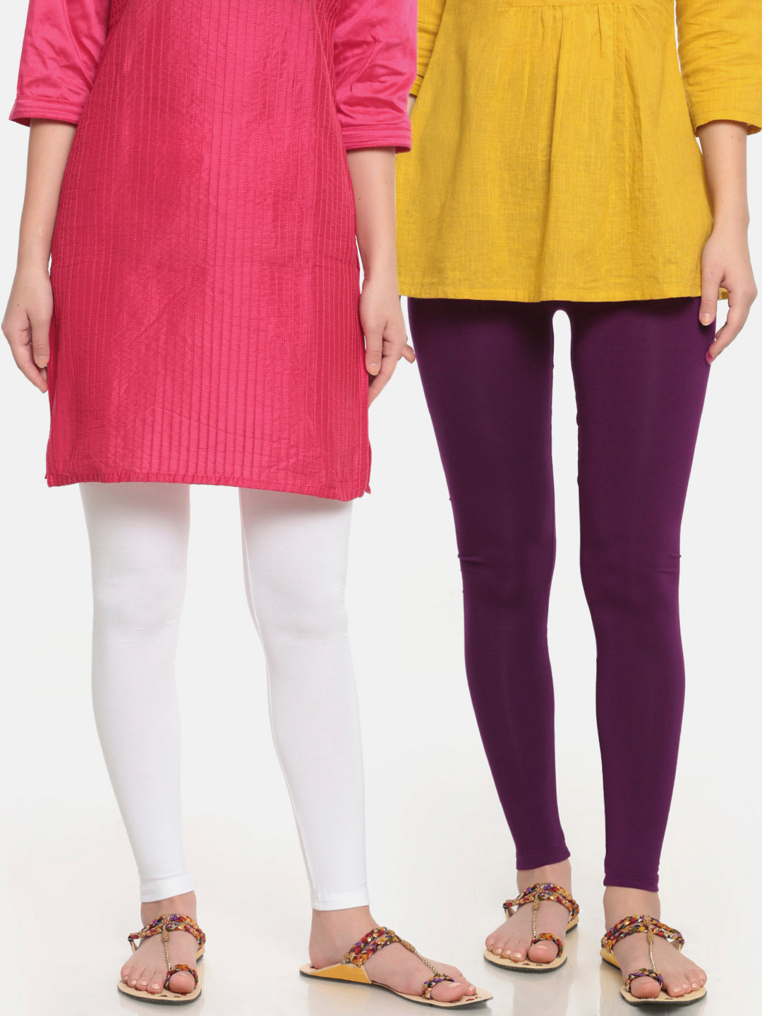 De Moza Superior Ankle Length Leggings Combo Pack of 2 White&Dark Purple - De Moza