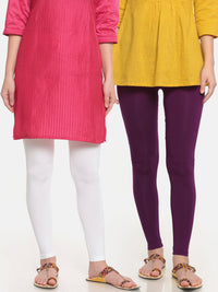 De Moza Superior Ankle Length Leggings Combo Pack of 2 White&Dark Purple - De Moza