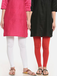 De Moza Superior Ankle Length Leggings Combo Pack of 2 White&Rust Orange - De Moza