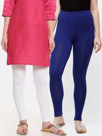De Moza Superior Ankle Length Leggings Combo Pack of 2 White&Navy Blue - De Moza