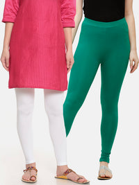 De Moza Superior Ankle Length Leggings Combo Pack of 2 White&Emerald Green - De Moza