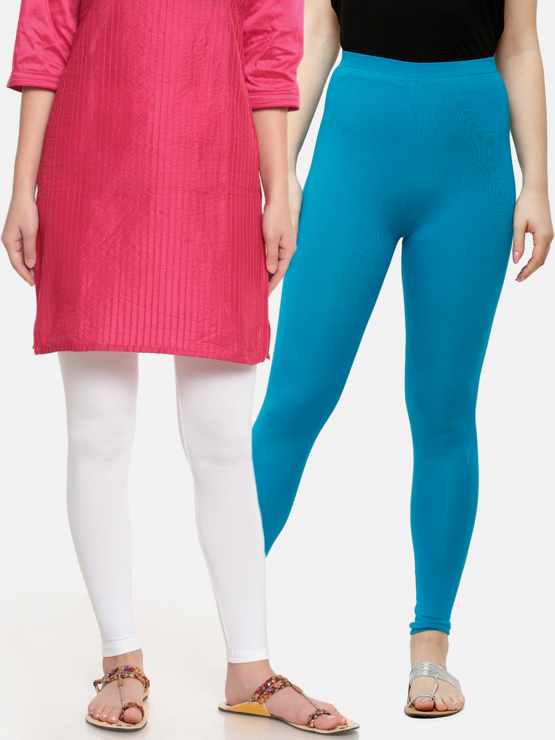 De Moza Superior Ankle Length Leggings Combo Pack of 2 White&Teal - De Moza