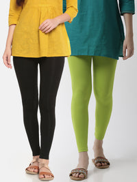 Pack of 2 De Moza Ladies Superior Ankle Leggings Black&Lime