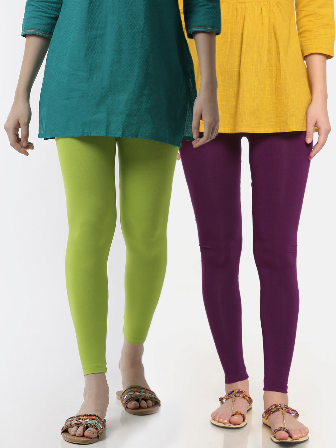 De Moza Superior Ankle Length Leggings Combo Pack of 2 Lime&Dark Purple - De Moza