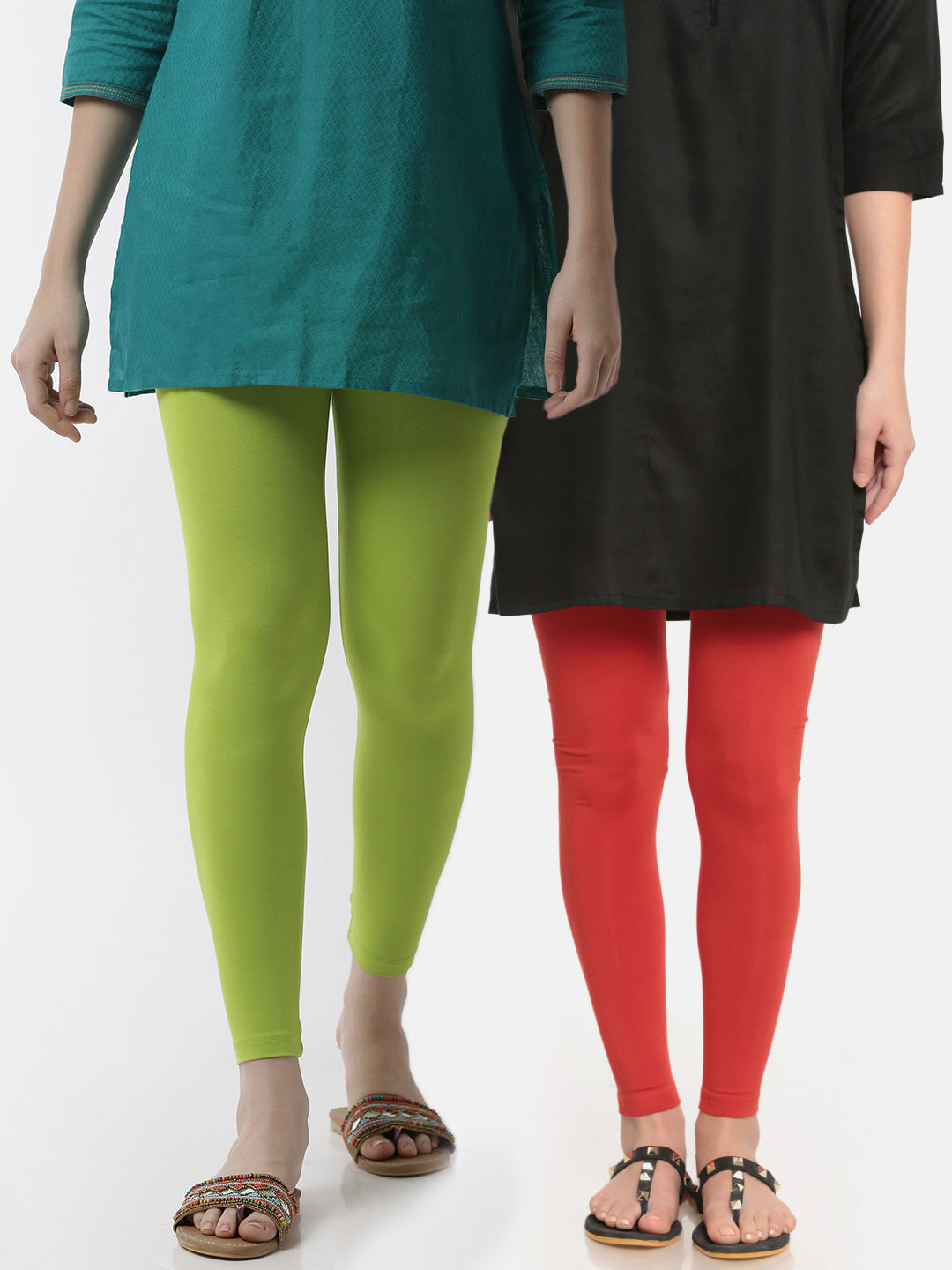 De Moza Superior Ankle Length Leggings Combo Pack of 2 Lime&Rust Orange - De Moza