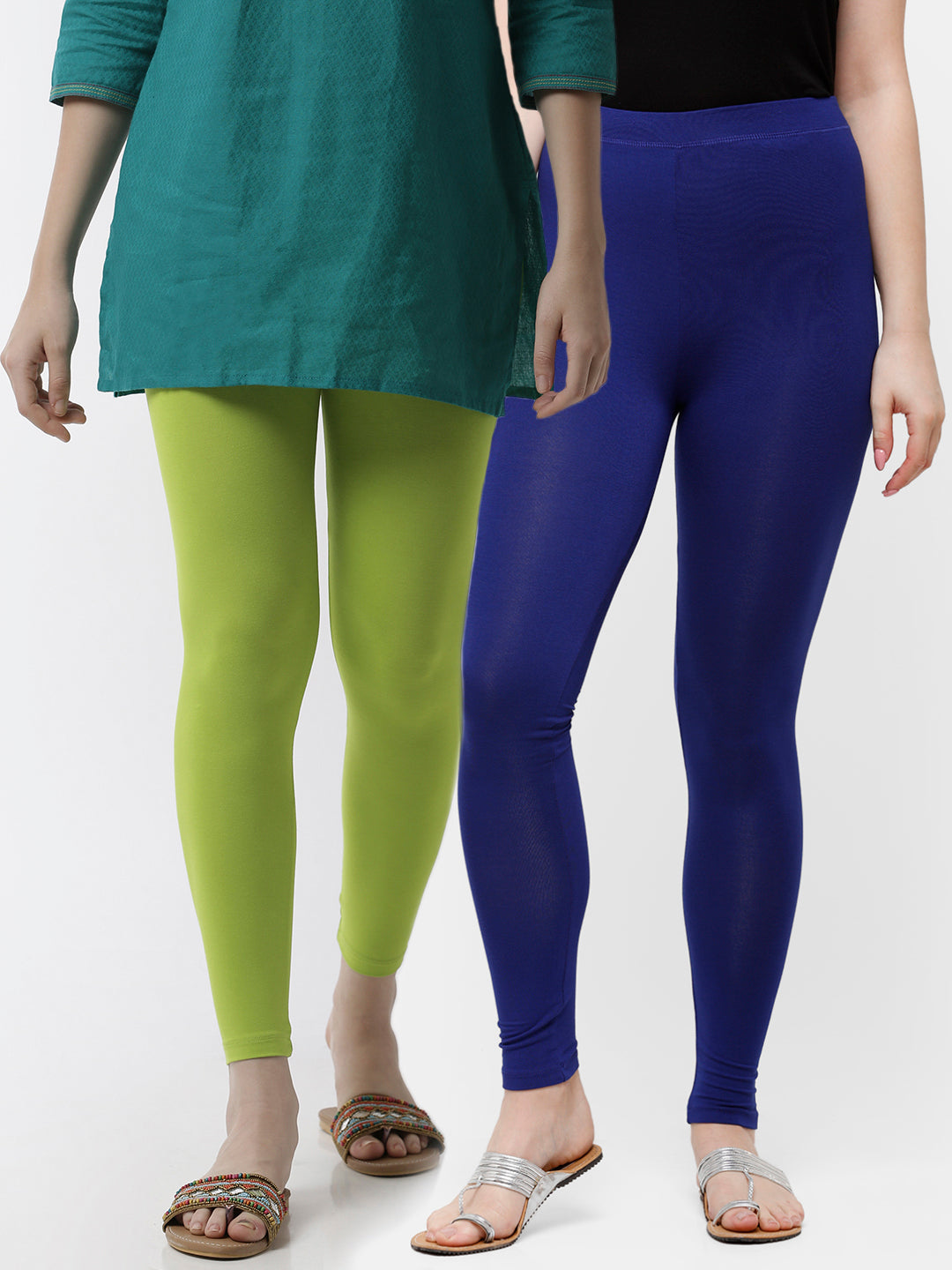 De Moza Superior Ankle Length Leggings Combo Pack of 2 Lime&Navy Blue - De Moza