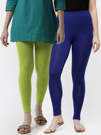 De Moza Superior Ankle Length Leggings Combo Pack of 2 Lime&Navy Blue - De Moza