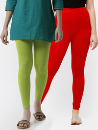 De Moza Superior Ankle Length Leggings Combo Pack of 2 Lime&True Red - De Moza