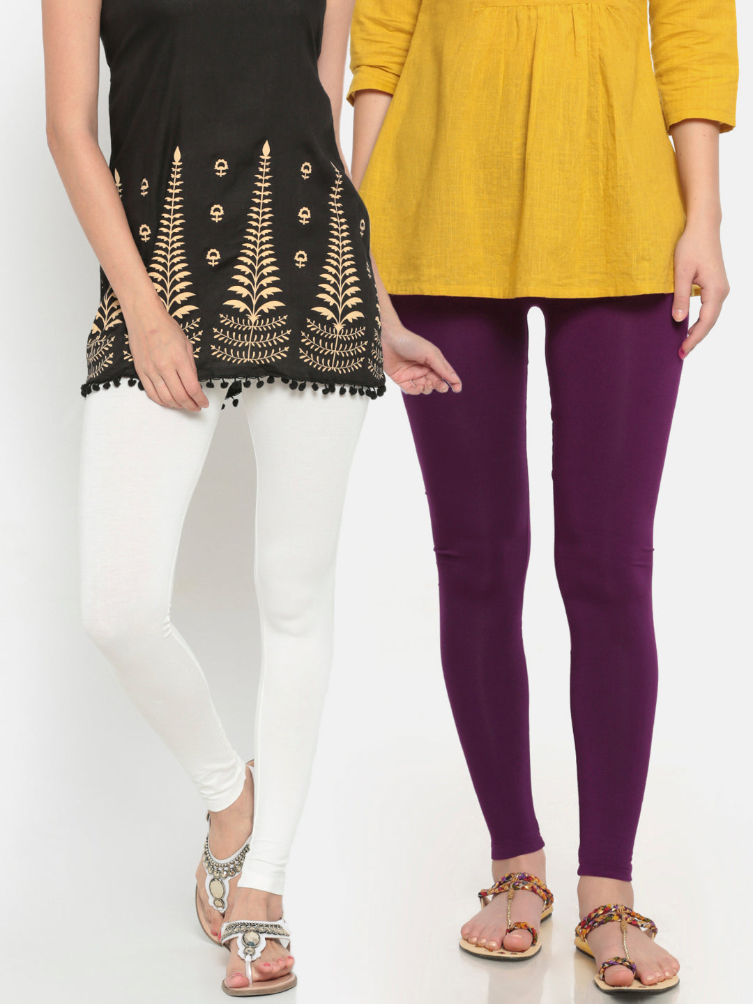 De Moza Superior Ankle Length Leggings Combo Pack of 2 Offwhite&Dark Purple - De Moza