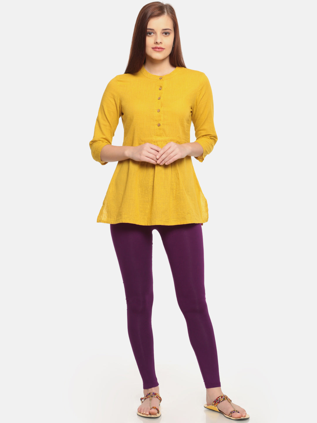 De Moza Superior Ankle Length Leggings Combo Pack of 2 Offwhite&Dark Purple - De Moza