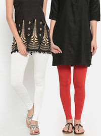 De Moza Superior Ankle Length Leggings Combo Pack of 2 Offwhite&Rust Orange - De Moza