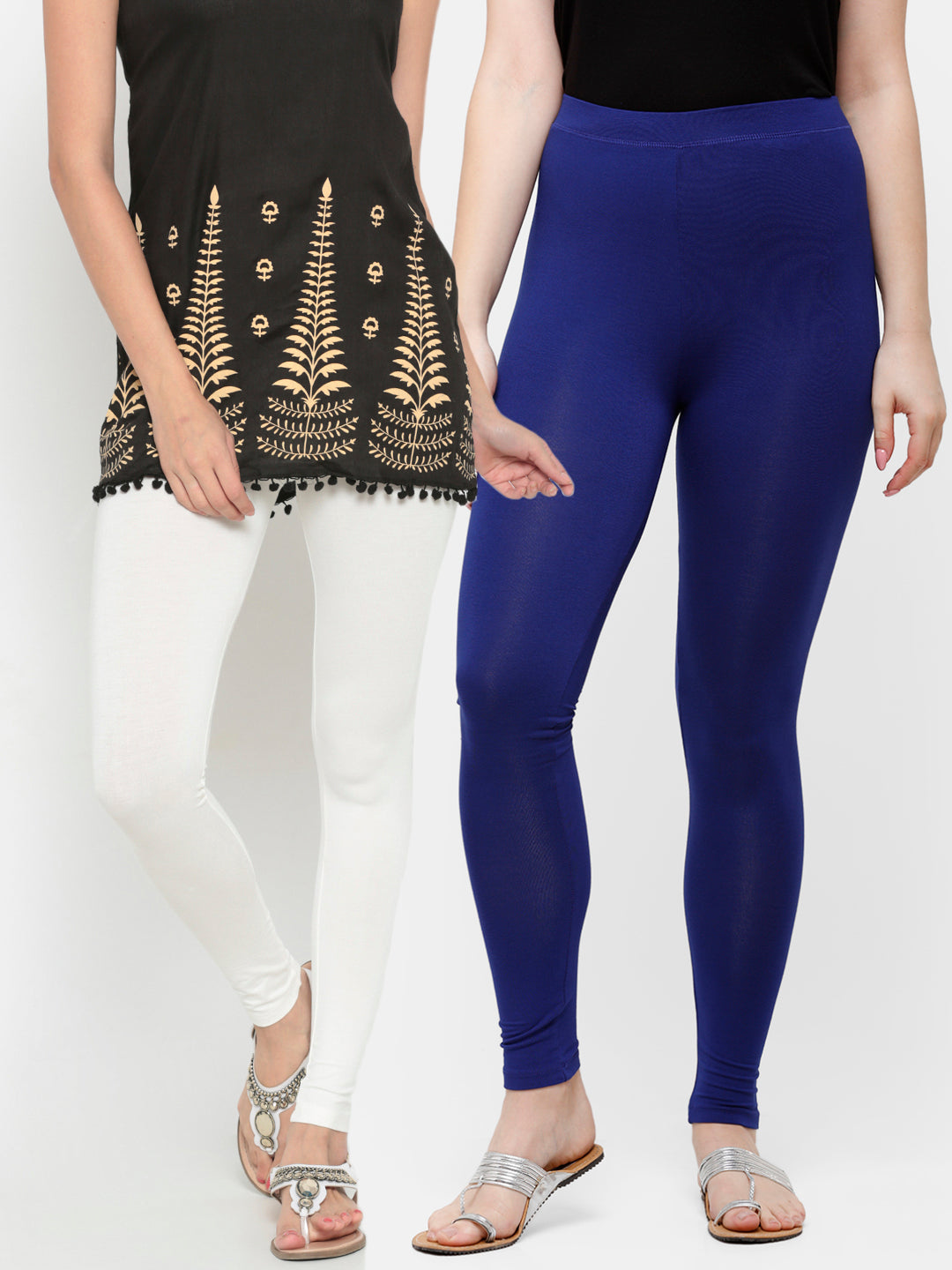 De Moza Superior Ankle Length Leggings Combo Pack of 2 Offwhite&Navy Blue - De Moza