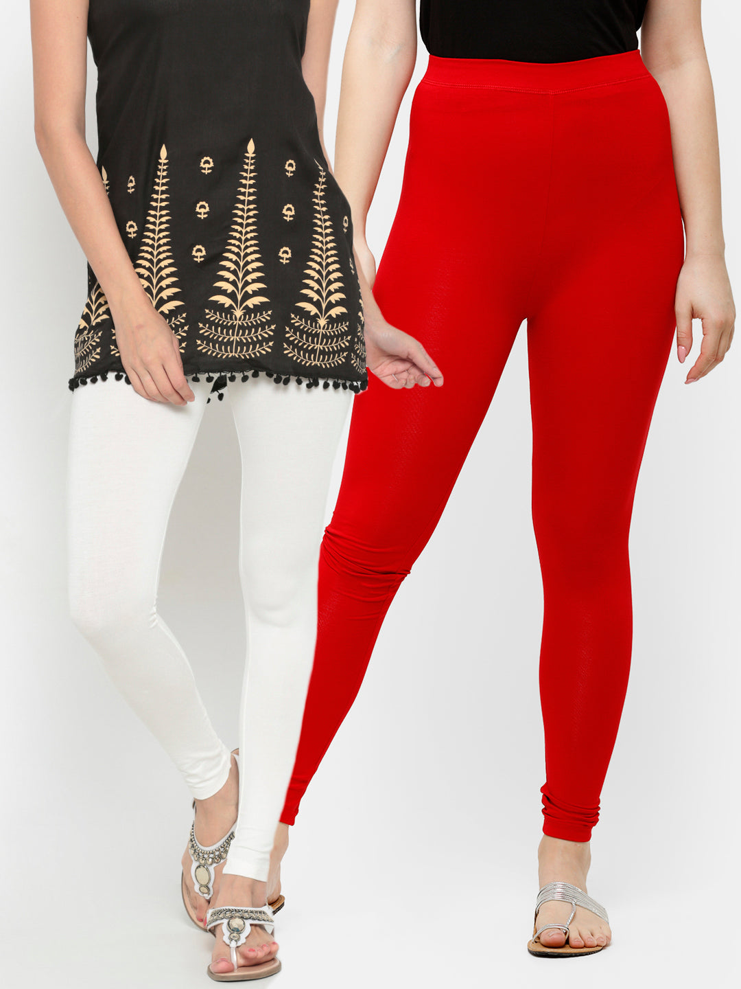 De Moza Superior Ankle Length Leggings Combo Pack of 2 Offwhite&True Red - De Moza