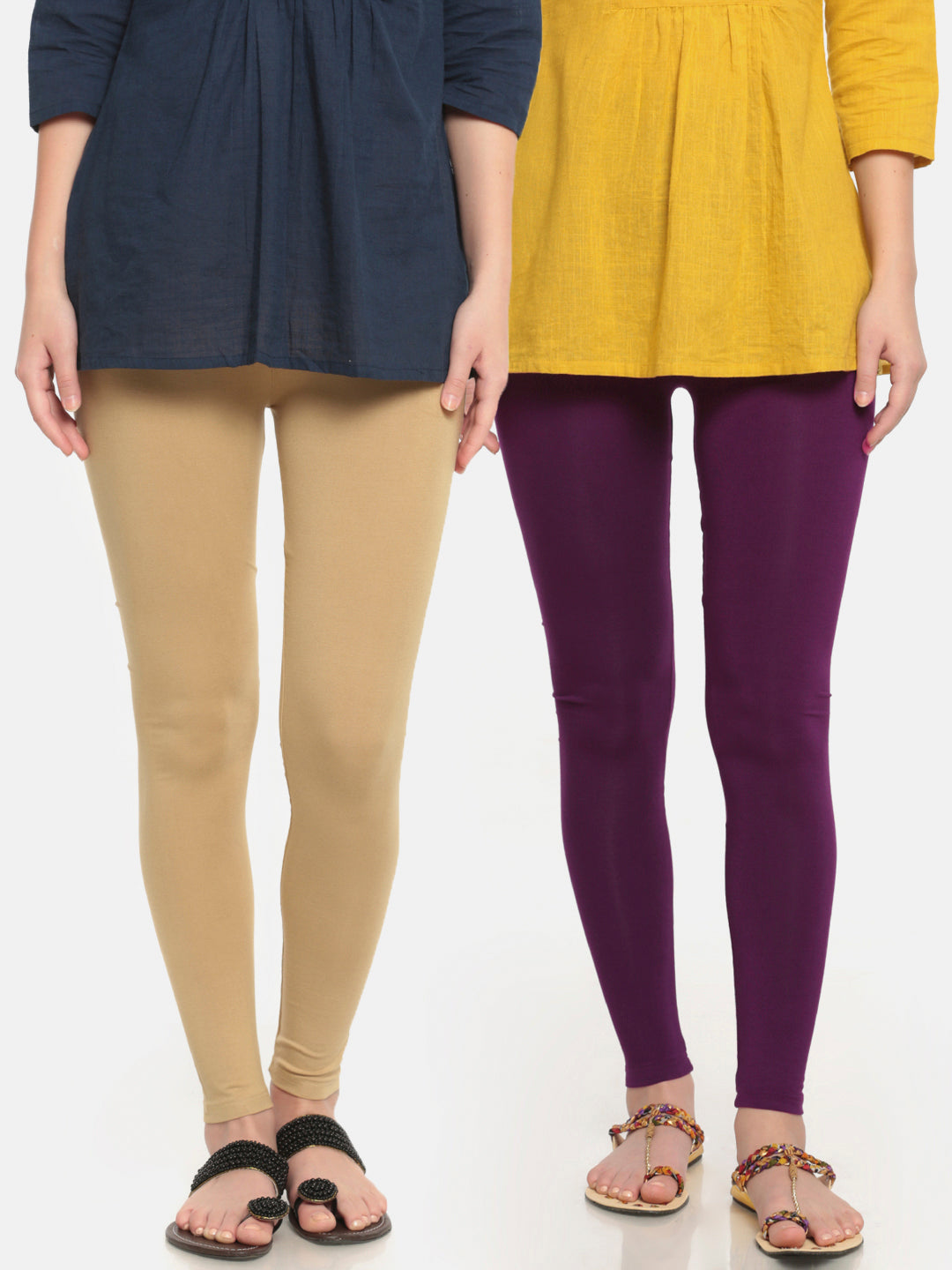 De Moza Superior Ankle Length Leggings Combo Pack of 2 Skin&Dark Purple - De Moza