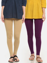 De Moza Superior Ankle Length Leggings Combo Pack of 2 Skin&Dark Purple - De Moza