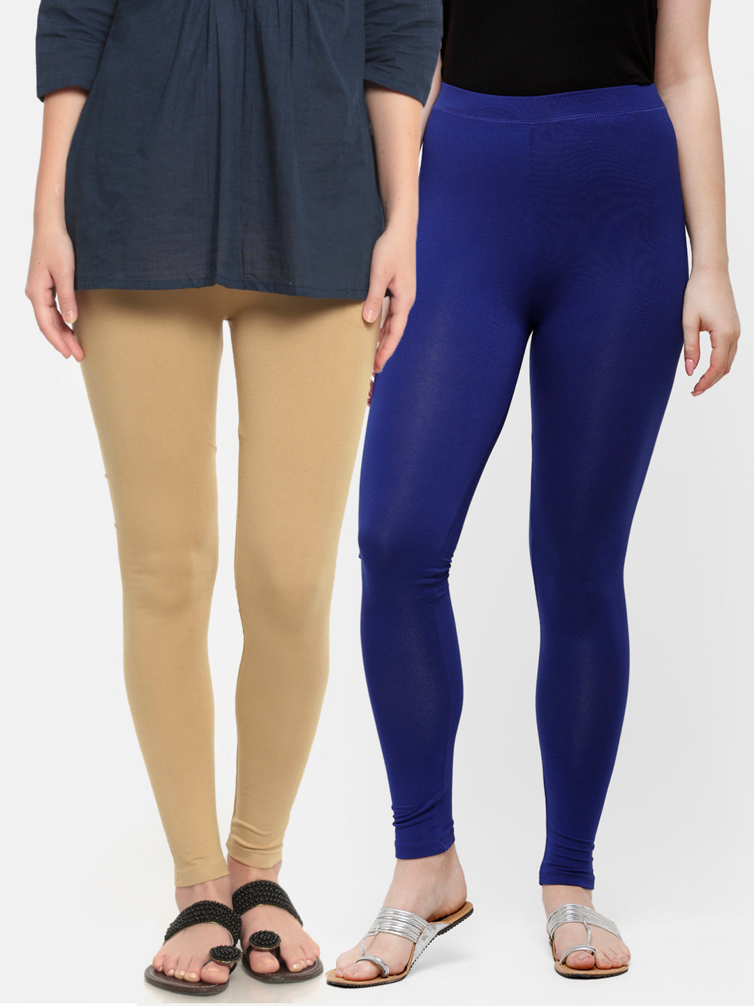 Pack of 2 De Moza Ladies Superior Ankle Leggings Skin&Navy Blue