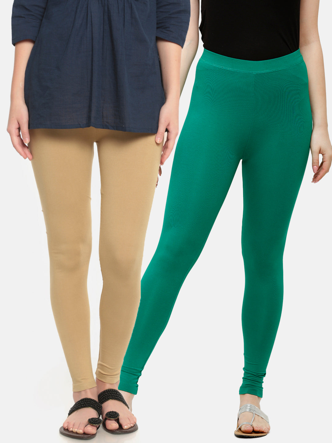 Pack of 2 De Moza Ladies Superior Ankle Leggings Skin&Emerald Green