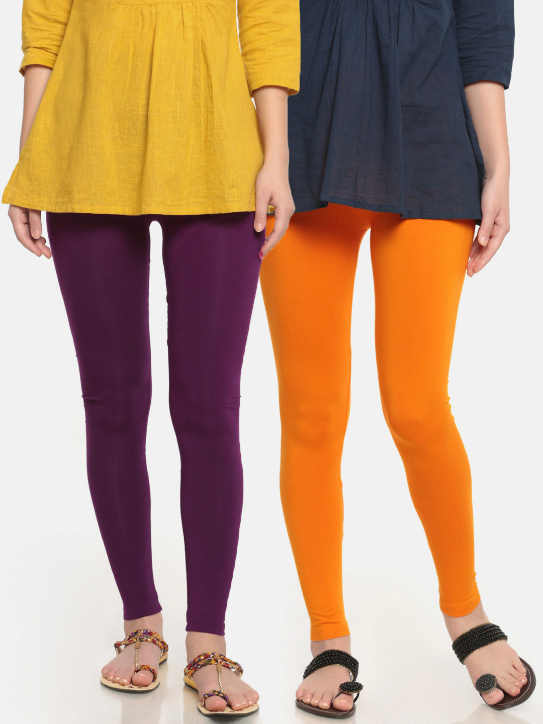 Pack of 2 De Moza Ladies Superior Ankle Leggings Dark Purple&Dark Yellow
