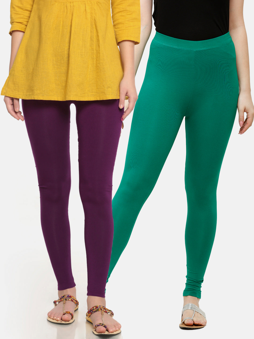 Pack of 2 De Moza Ladies Superior Ankle Leggings Dark Purple&Emerald Green