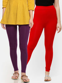 De Moza Superior Ankle Length Leggings Combo Pack of 2 Dark Purple&True Red - De Moza