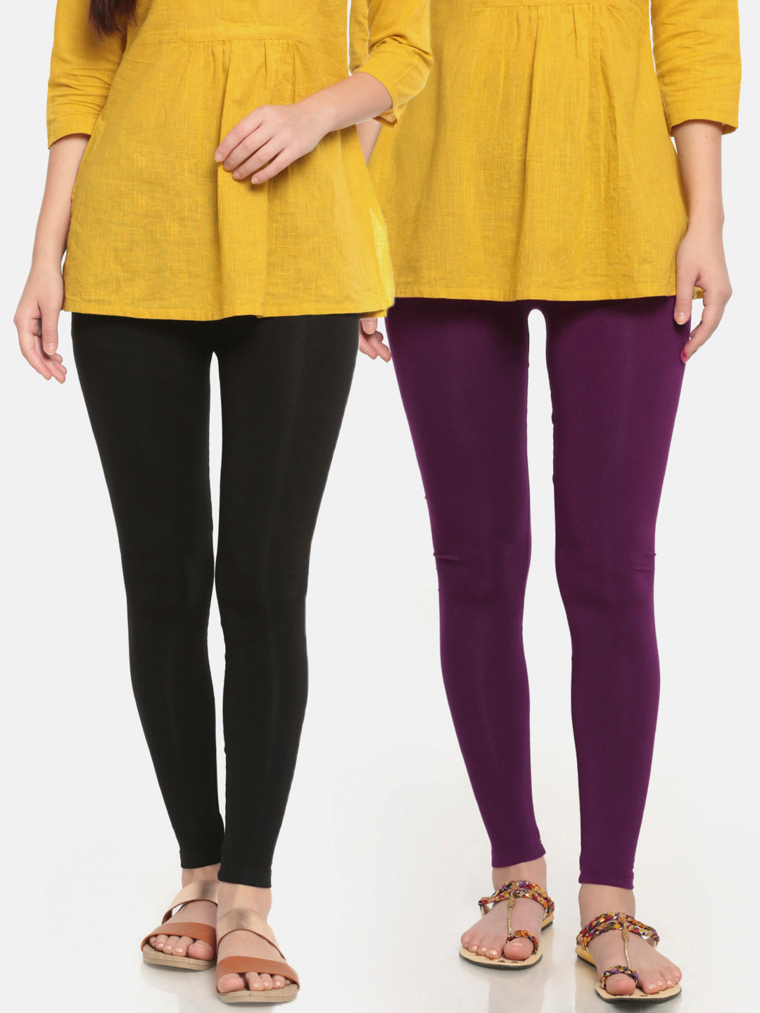 Pack of 2 De Moza Ladies Superior Ankle Leggings Black&Dark Purple