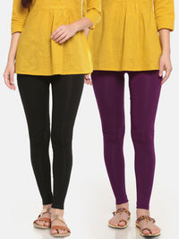 Pack of 2 De Moza Ladies Superior Ankle Leggings Black&Dark Purple