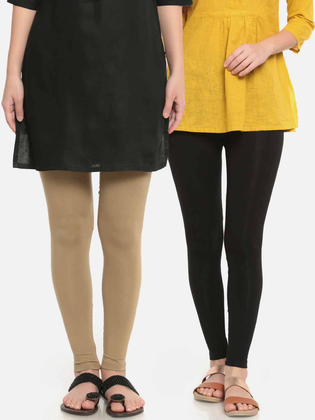De Moza Superior Ankle Length Leggings Combo Pack of 2 Golden Beige&Black - De Moza
