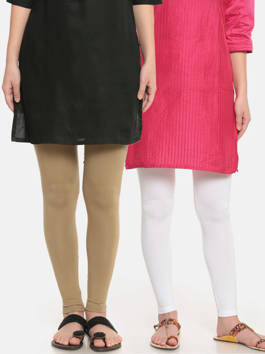 De Moza Superior Ankle Length Leggings Combo Pack of 2 Golden Beige&White - De Moza