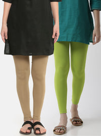 De Moza Superior Ankle Length Leggings Combo Pack of 2 Golden Beige&Lime - De Moza
