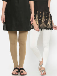 De Moza Superior Ankle Length Leggings Combo Pack of 2 Golden Beige&Offwhite - De Moza