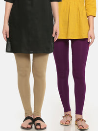 De Moza Superior Ankle Length Leggings Combo Pack of 2 Golden Beige&Dark Purple - De Moza