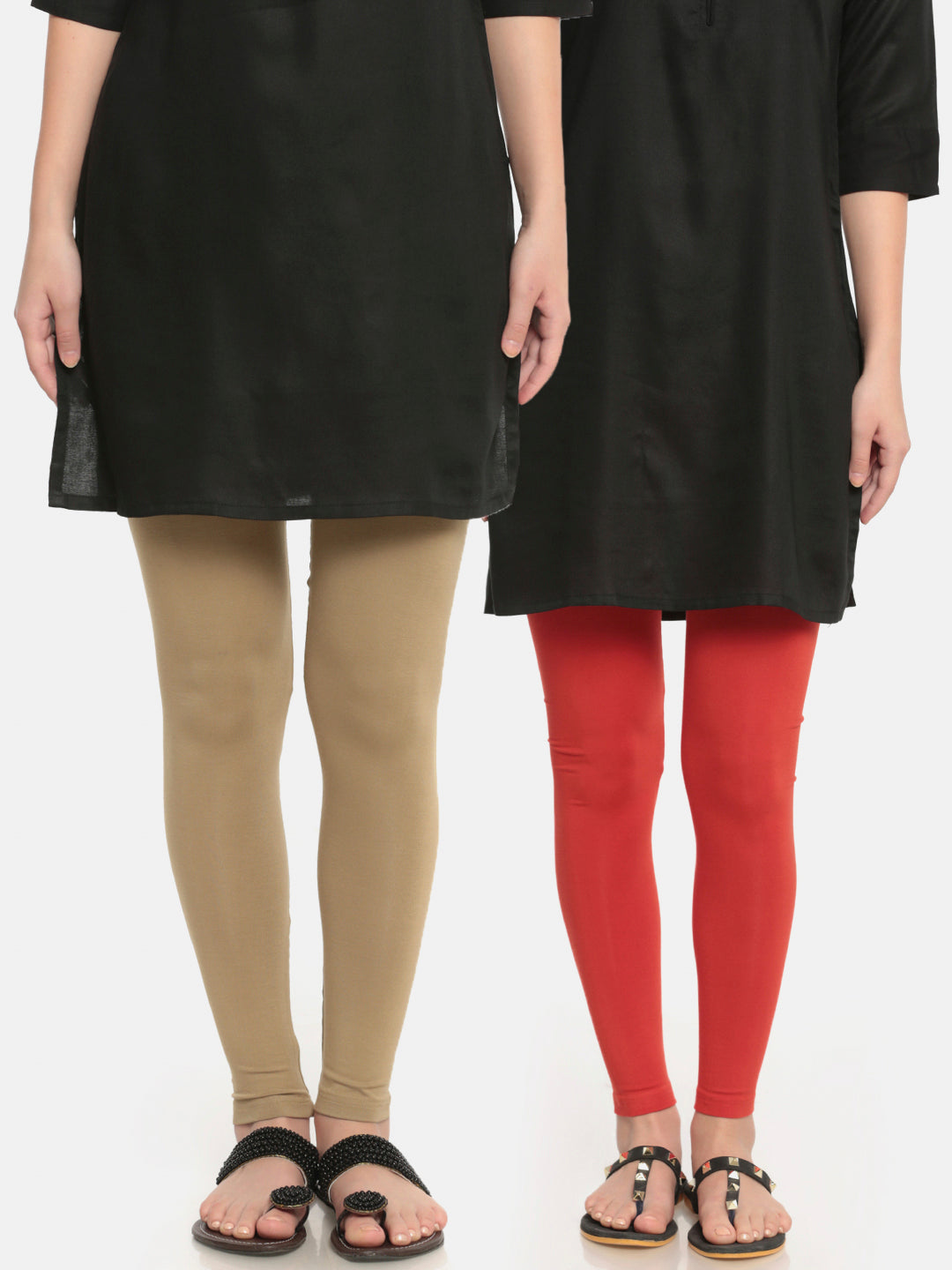De Moza Superior Ankle Length Leggings Combo Pack of 2 Golden Beige&Rust Orange - De Moza