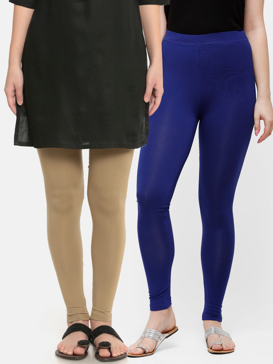 De Moza Superior Ankle Length Leggings Combo Pack of 2 Golden Beige&Navy Blue - De Moza