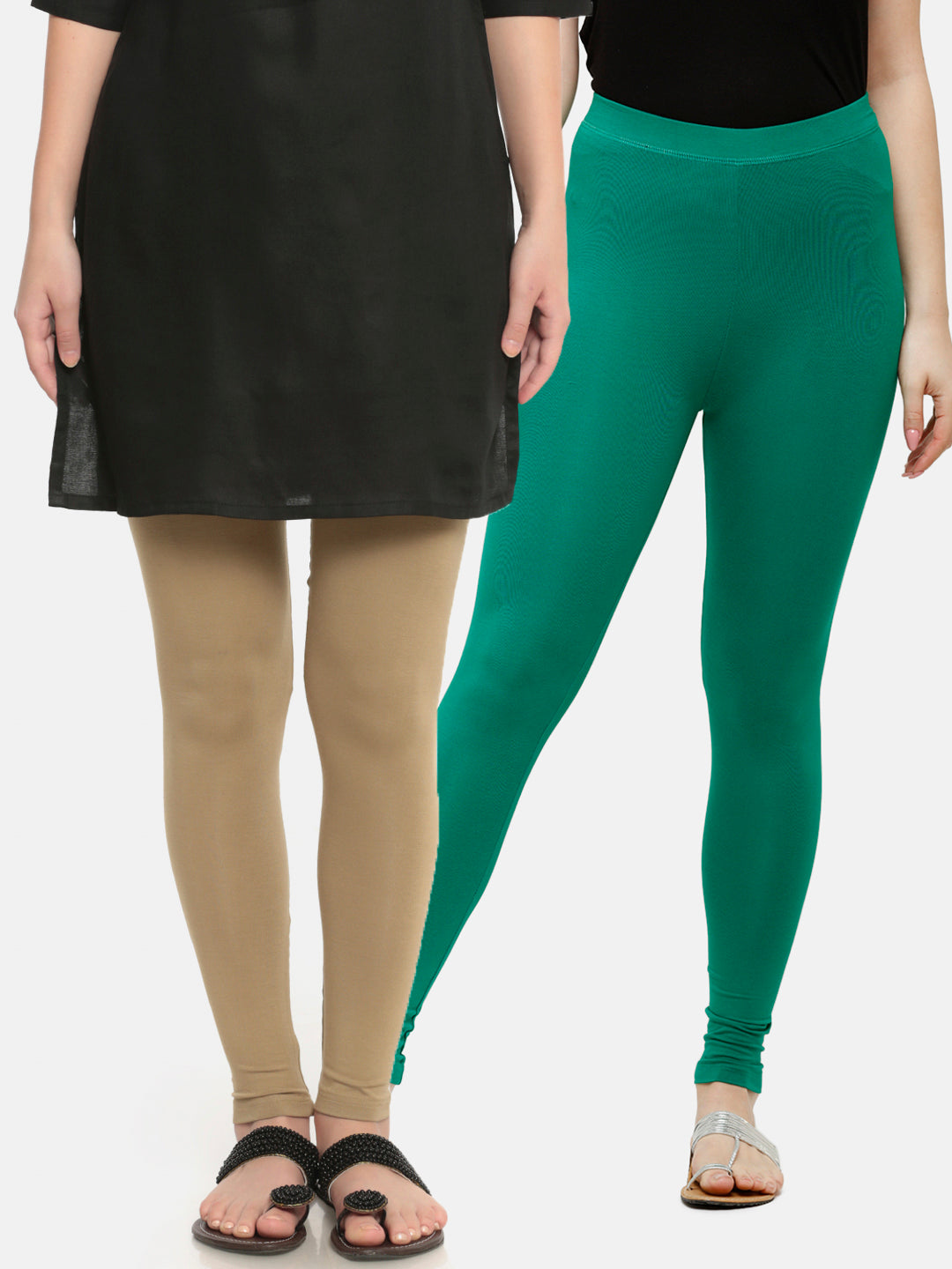 De Moza Superior Ankle Length Leggings Combo Pack of 2 Golden Beige&Emerald Green - De Moza