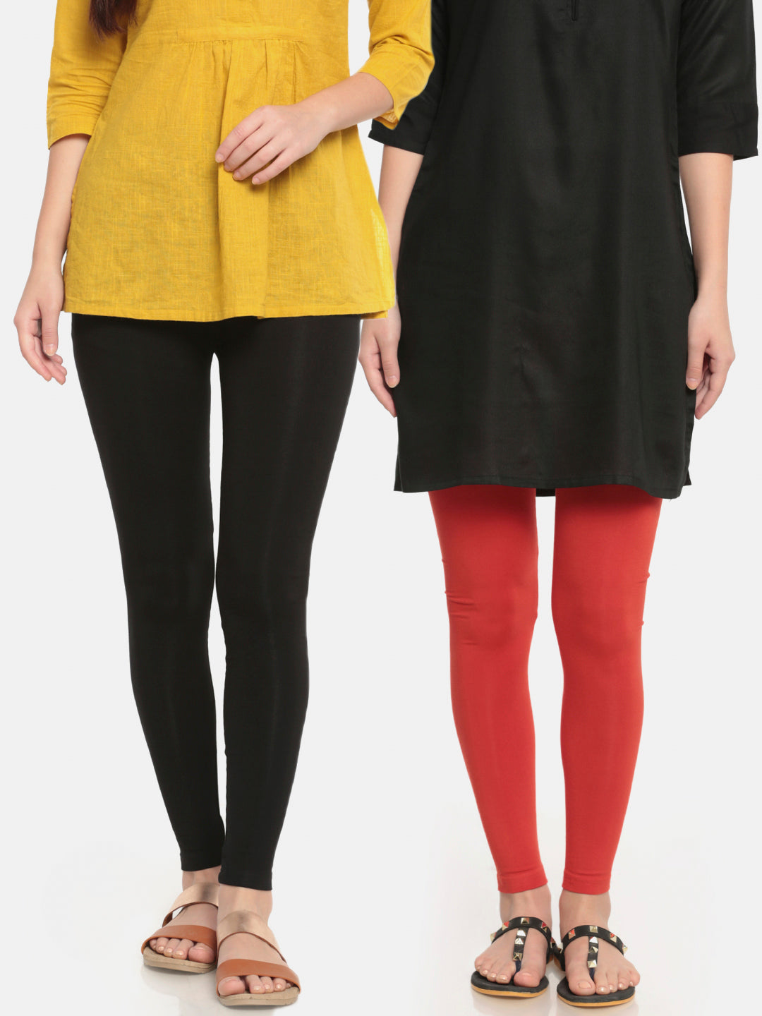 Pack of 2 De Moza Ladies Superior Ankle Leggings Black&Rust Orange