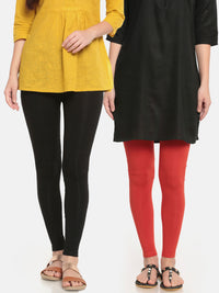 Pack of 2 De Moza Ladies Superior Ankle Leggings Black&Rust Orange