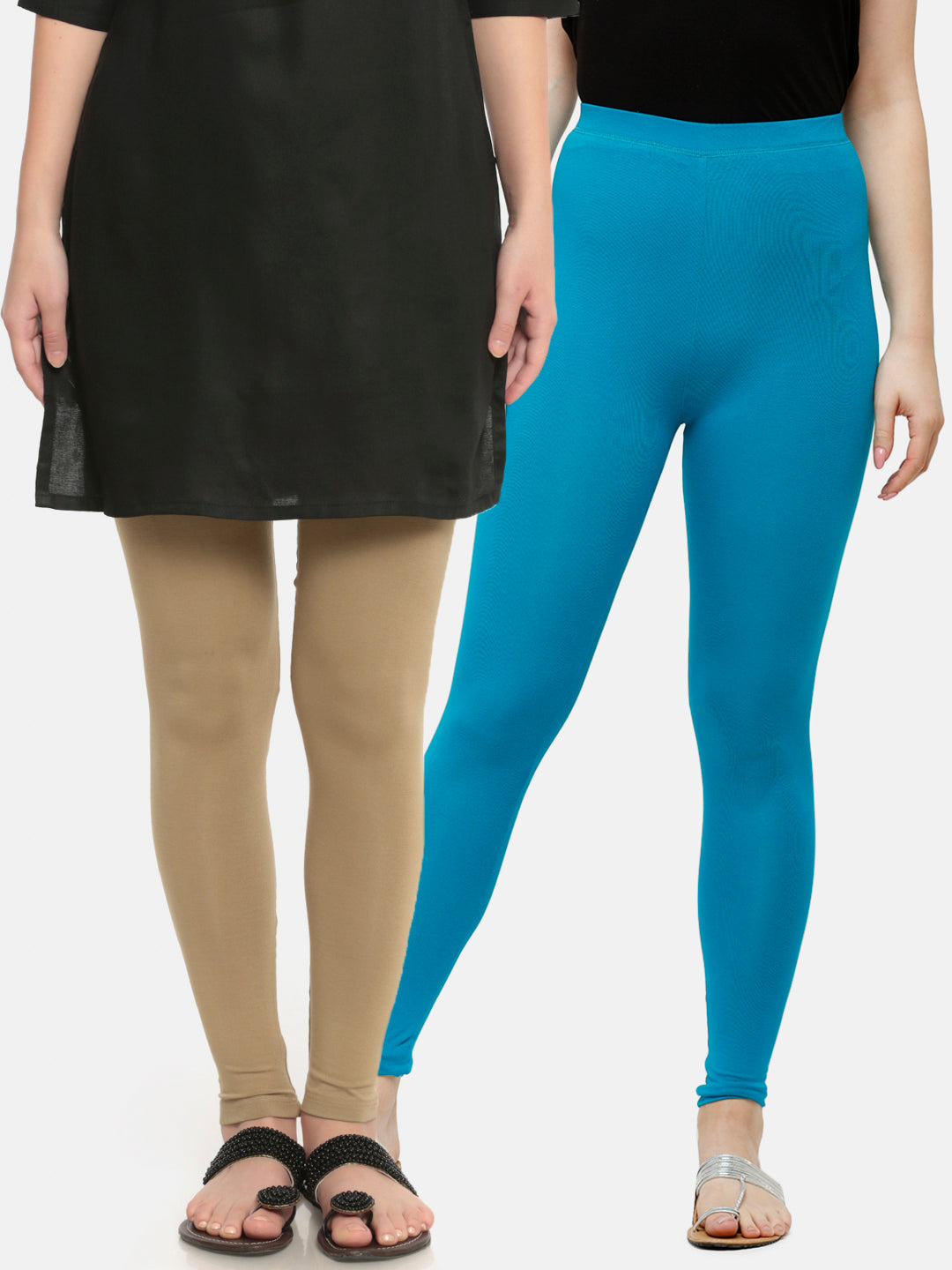 De Moza Superior Ankle Length Leggings Combo Pack of 2 Golden Beige&Teal - De Moza