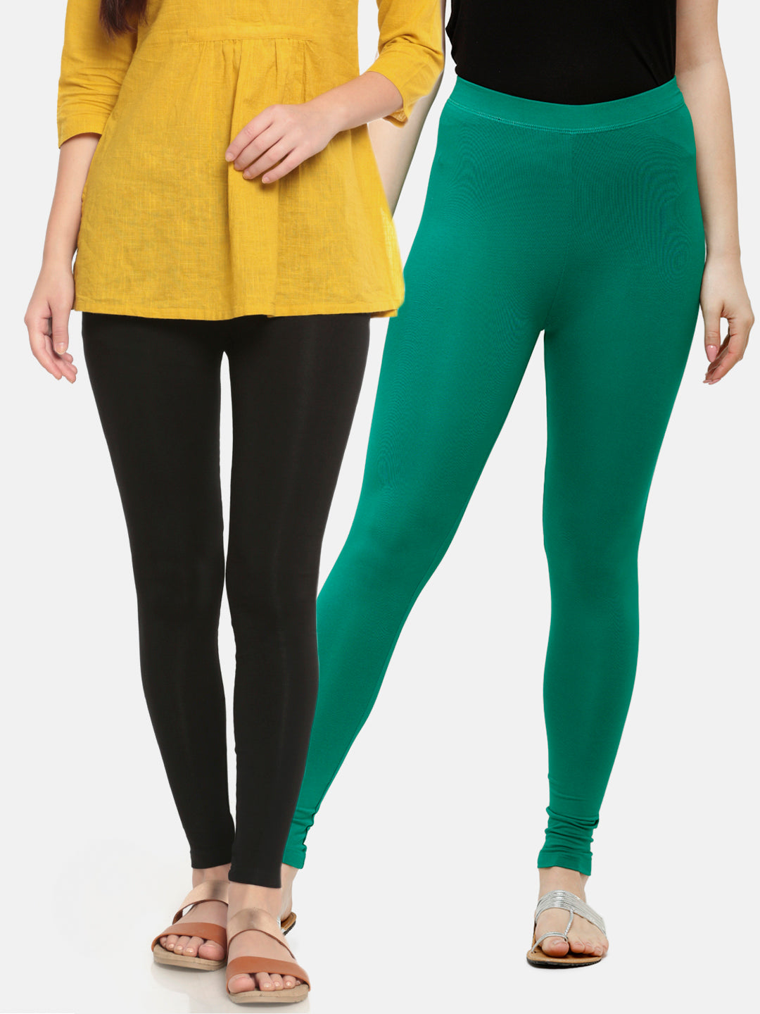 Pack of 2 De Moza Ladies Superior Ankle Leggings Black&Emerald Green