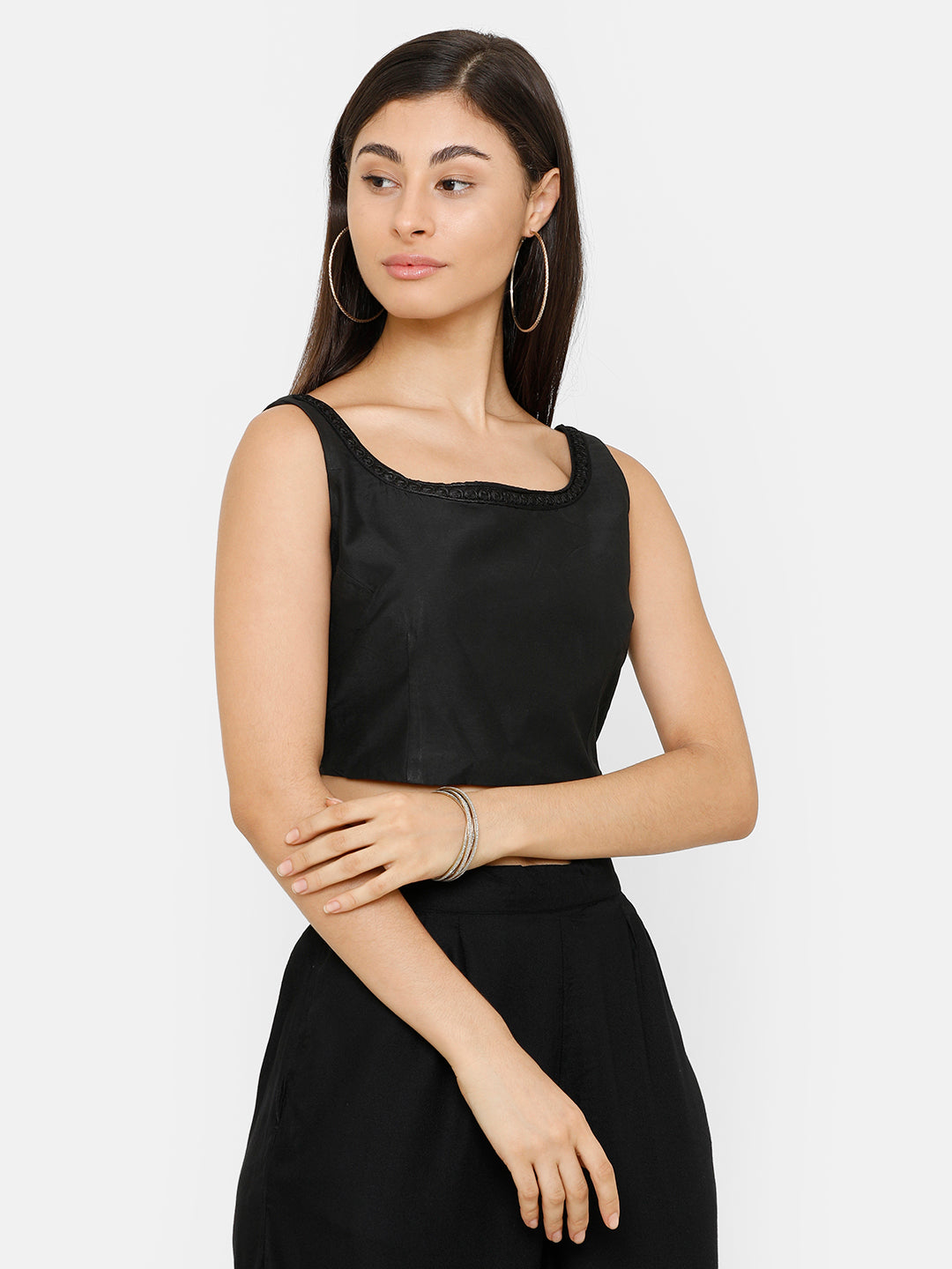 De Moza Women's Spaghetti Crop Woven Top Embrodry Polyester Black - De Moza (4704708821055)