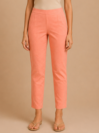 De Moza Women Woven Cotton Cigarette Pant Peach - De Moza