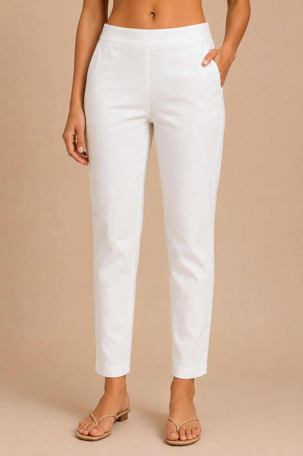 De Moza Women Woven Cotton Cigarette Pant White - De Moza