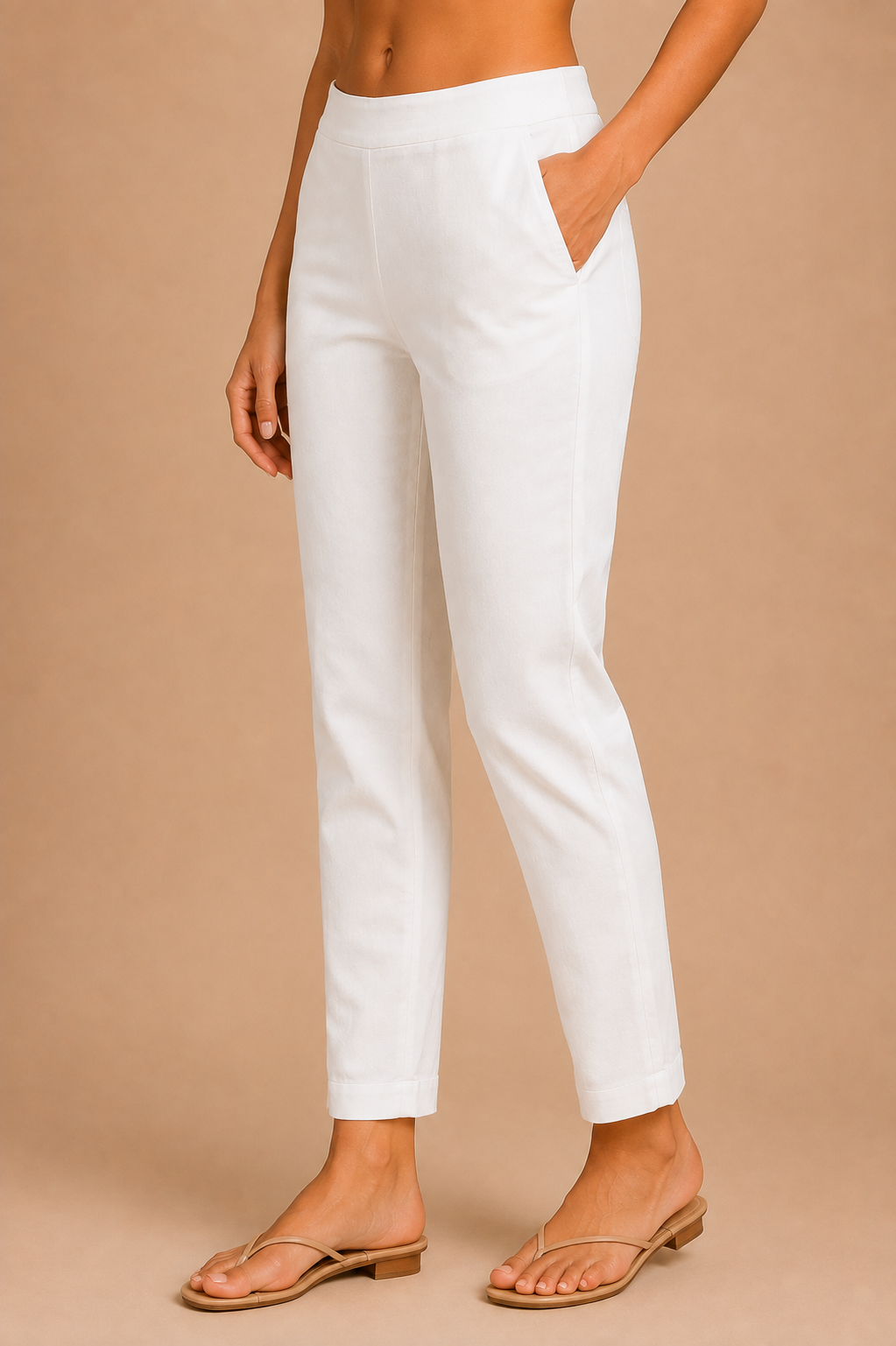 De Moza Women Woven Cotton Cigarette Pant White - De Moza