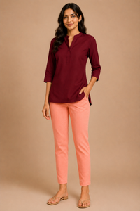 De Moza Women Woven Cotton Cigarette Pant Peach - De Moza