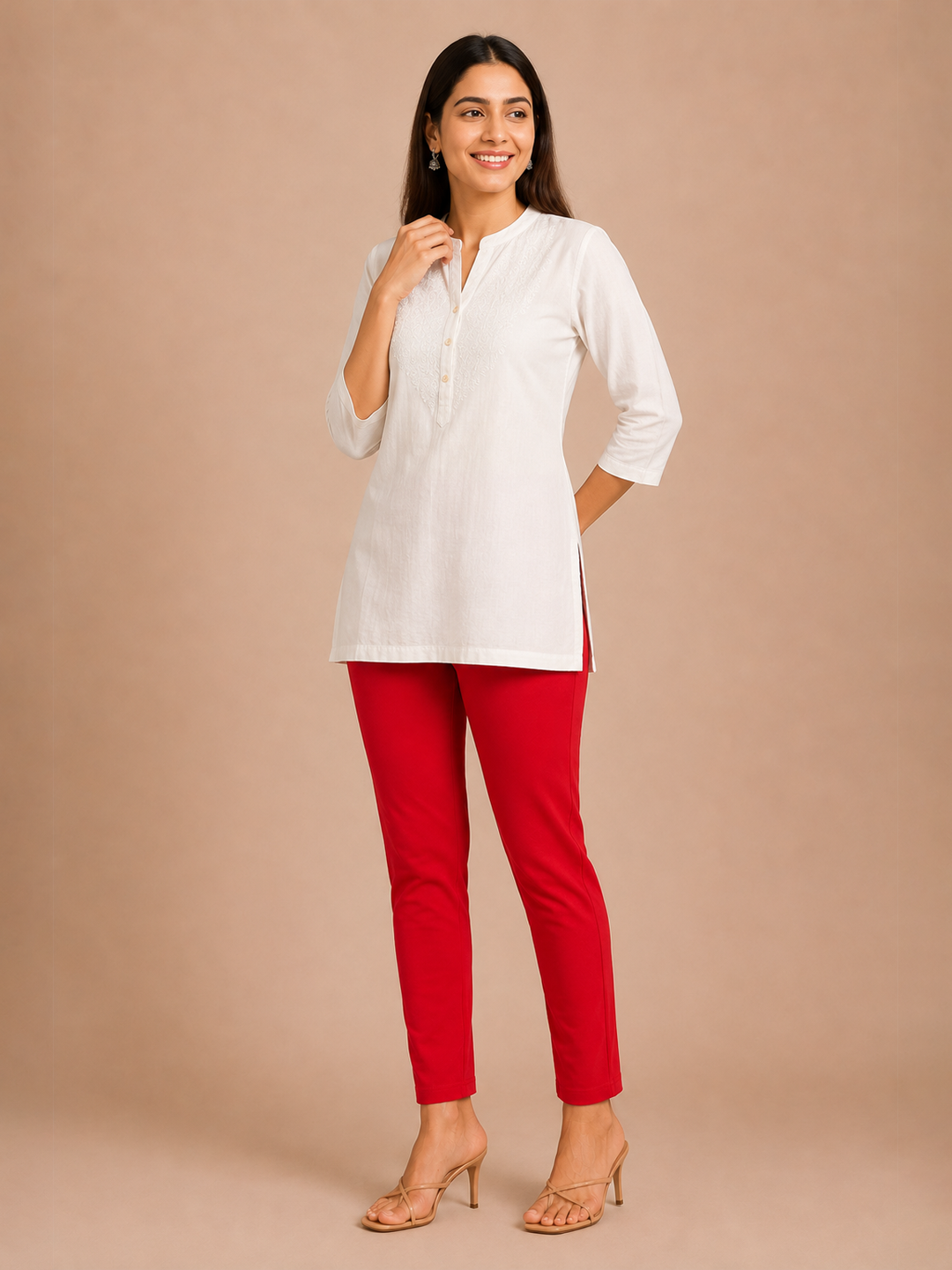 De Moza Women Knit Cotton Kurti Pant Red