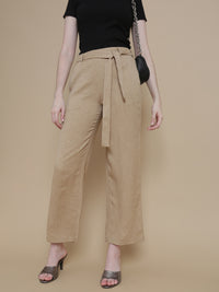 De Moza Women Woven Polyester Work wear Casual Pant with Functional Pockets Beige - De Moza