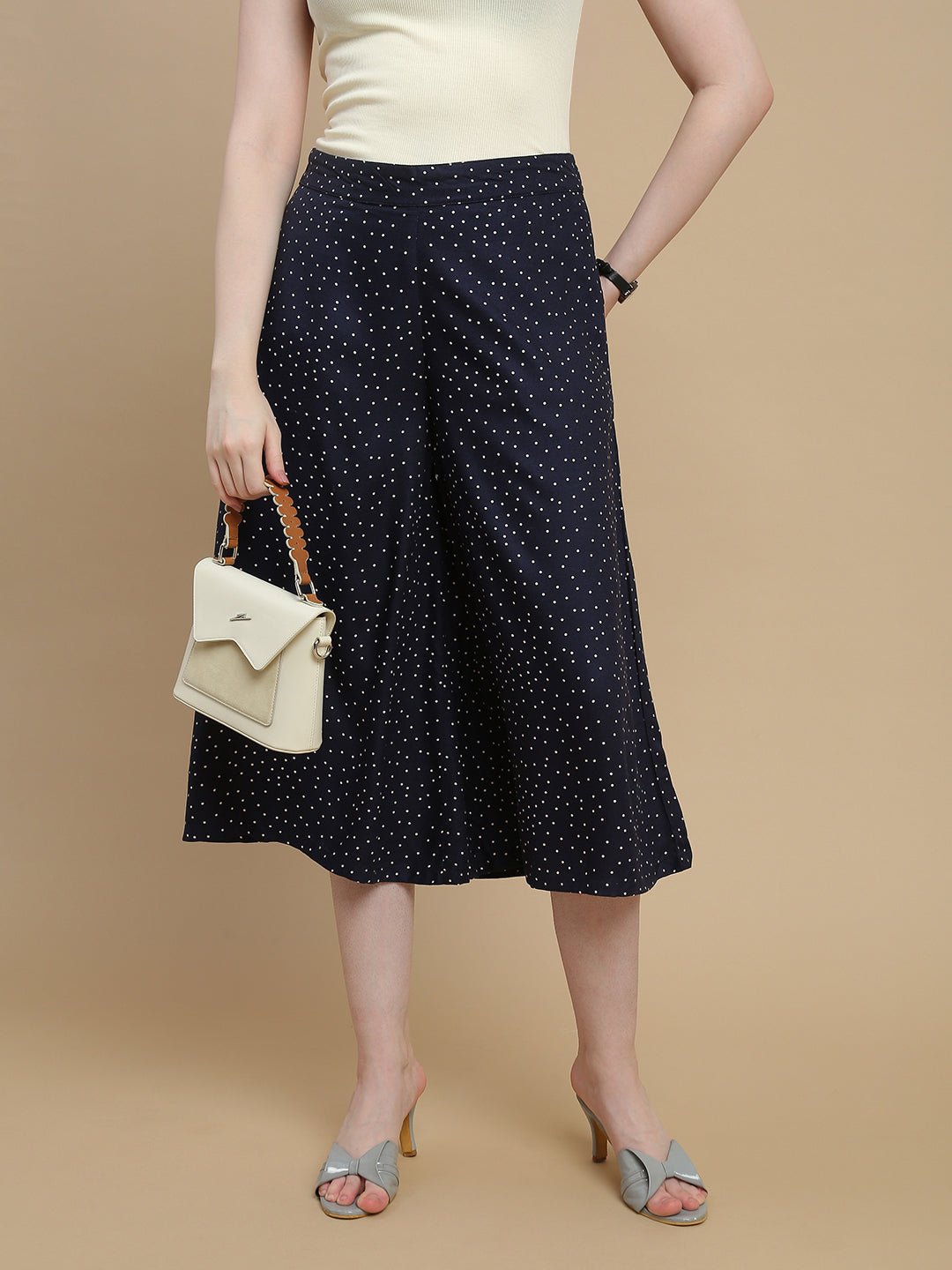 De Moza Women Woven Rayon Twill Loose Fit Printed Culottes with Functional Pockets Navy Blue - De Moza
