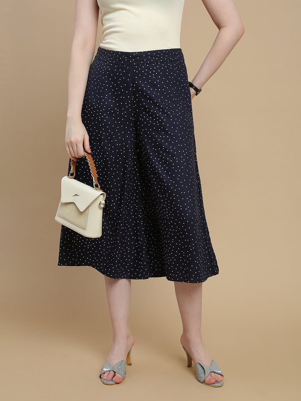 De Moza Women Woven Rayon Twill Loose Fit Printed Culottes with Functional Pockets Navy Blue - De Moza